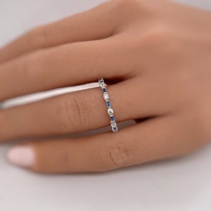 Thin Sapphire Baguette Diamond Band, Sterling Silver, Wedding Band, Blue Sapphire Stacking Baguette Band, Simulated Diamond, Minimalist Band