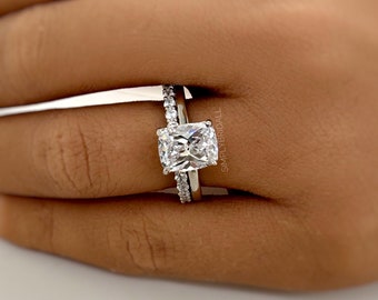 2.50ct Elongated Cushion Cut Moissanite Engagement Ring Set, Sterling Silver Vermeil