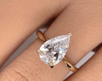Bague de fiançailles en moissanite poire 3,00 cts, solitaire en forme de larme en or massif 14 carats