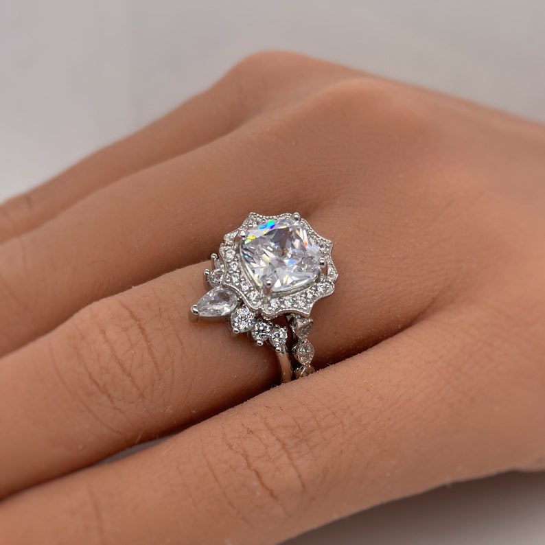 Art Deco Cushion Engagement Ring, Cushion Cut Diamond, Antique Ring, Wedding Ring, Art Deco Halo Proposal Ring image 6