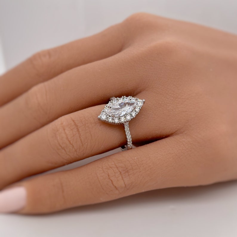 1.50ct Marquise Halo Moissanite Engagement Ring, 14k Marquise Engagement Ring, Simple Minimalist Ring, Moissanite Simulated Diamonds image 2