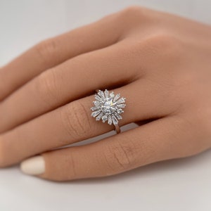Art Deco Cluster Engagement Ring Baguette Cluster, Wedding Ring Simulated Diamond Flower engagement Ring Art Deco Snowflake Ring
