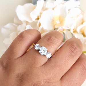 Three Stone Diamond Ring Engagement Ring Simple Minimalist Ring Silver Tri-Stone Ring Proposal Ring