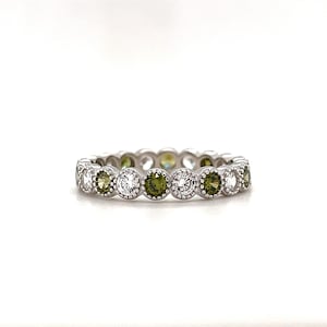 Bezel Peridot and Diamond Eternity Band, Simulated Diamond Sterling Silver Wedding Band, Peridot Bezel Eternity Band, Stacking Band