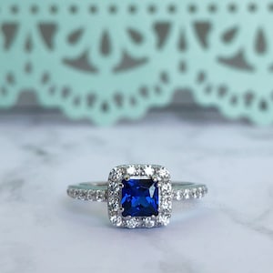 1.00ct Sapphire Halo Engagement Ring, Square Blue Sapphire Ring, Sterling Silver Gold Vermeil.