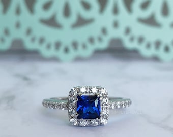 1.00ct Sapphire Halo Engagement Ring, Square Blue Sapphire Ring, Sterling Silver Gold Vermeil.