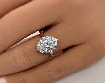Bague de fiançailles Halo moissanite ovale Art déco, argent sterling vermeil