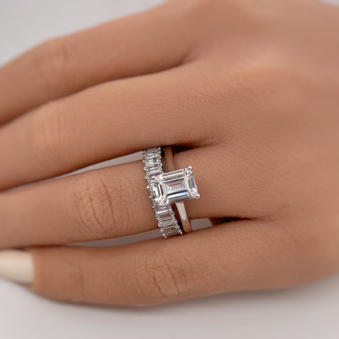 1.75ct Emerald Cut Engagement Ring Set, Baguette Band, Simulated