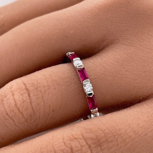 Ruby Baguette Eternity Band, Sterling Silver Wedding Band, Eternity Band Ruby Baguette Ring, Ruby Band Anniversary Minimalist Band