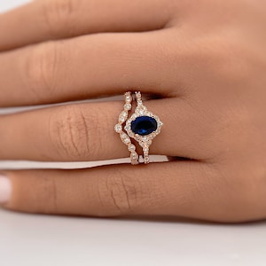14k ovale blauwe saffier en diamant art deco bruiloft set, natuurlijke saffier en diamanten in 14k massief gouden ring, sierlijke art deco ringset
