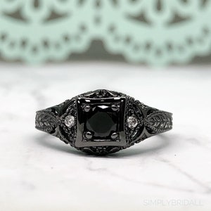Art Deco Black Diamond Engagement Ring, Art Deco Black Ring, Black Filigree  Ring, Statement Black Rhodium Ring