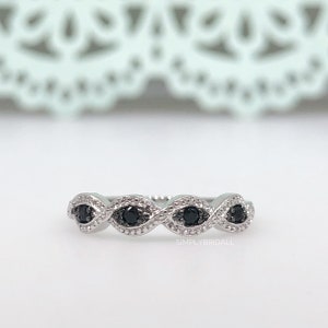 Black Twist Art Deco Ring, Black  Marquise Half Eternity Band, Dainty Black Rhodium Black Stackable Ring