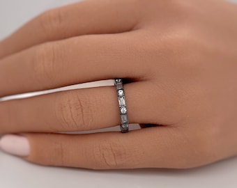 Baguette Black Eternity Band, Black Rhodium White Stone Baguette Stackable Ring, Black Eternity Band Dainty Black Band