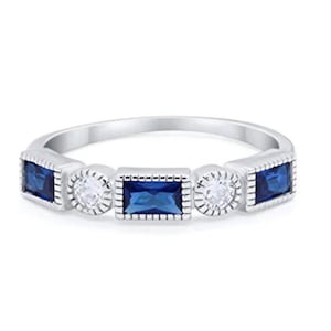 Large Blue Sapphire Baguette Eternity Band, Sterling Silver  Band,