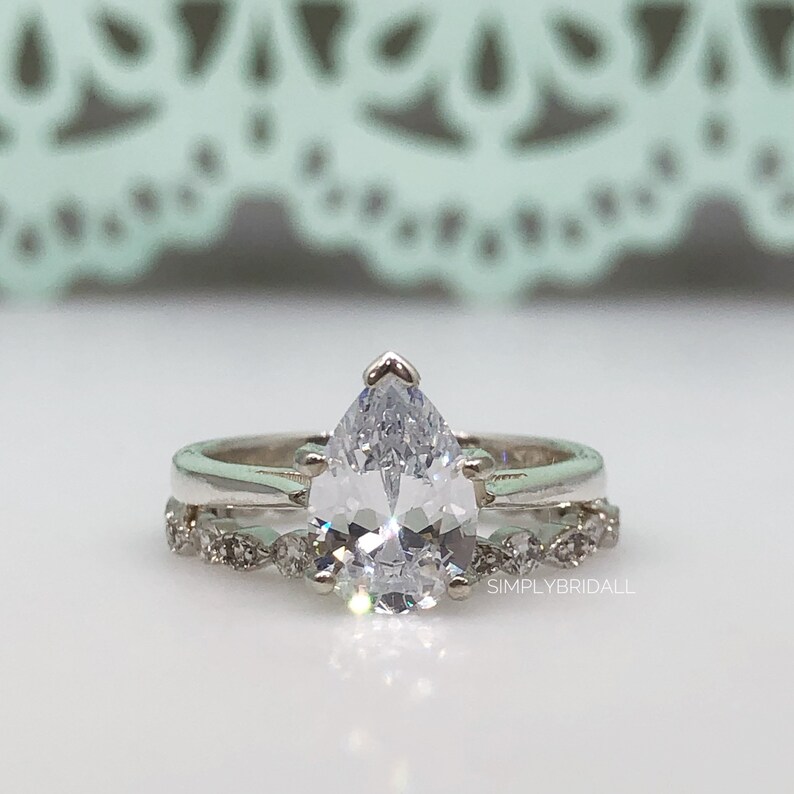 2.00ct Pear Shape shops Engagement Ring Set, Engagement Set, Pear Drop Wedding Set, Proposal Ring