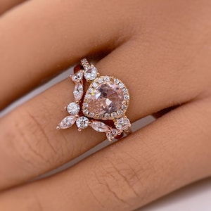 Pear Morganite Art Deco Engagement Ring Set, Diamond Bridal Set, Art Deco Rings, Sterling Silver, Bridal Ring Set Morganite Simulate Diamond