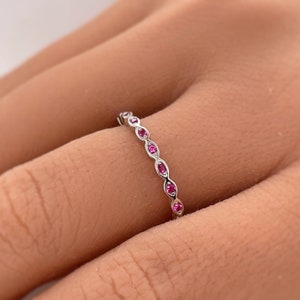 Art Deco Dainty Ruby Band, Thin Stacking Band, Micro Ruby Marquise Band Pink Ruby Ring, Sterling Silver with Gold and Rose Gold Vermeil
