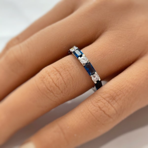 Large Blue Sapphire Baguette Eternity Band, Sterling Silver Wedding Band, Eternity Minimalist Band