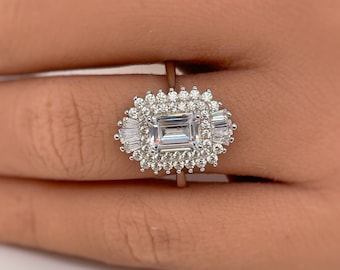 1.00ct Moissanite Emerald Art Deco Engagement Ring, 14k Art Deco Baguette Halo Emerald Ring, Art Deco Cluster, Unique Ring, Bridal Ring