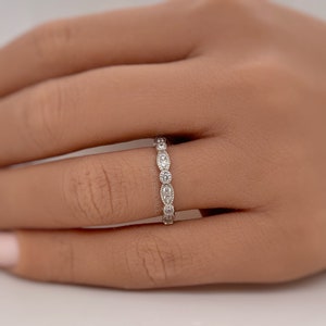 Art Deco Sterling Silver Wedding Band Half Eternity Band Simulated Diamonds Art Deco Ring Silver Art Deco Band, Dainty Milgrain Band
