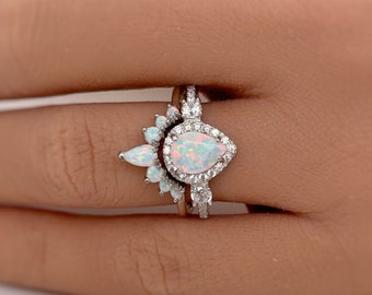 Opal Engagement Ring Set, Art Deco Fitted Opal Ring Set, Opal Bridal Set, Wedding Ring Opal Band, Pear Opal Ring