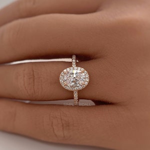 Anello di fidanzamento con diamante ovale da laboratorio da 1,00 ct, anello nuziale ovale in oro massiccio 14k, anello di fidanzamento con alone di diamante ovale certificato da laboratorio, anello nuziale