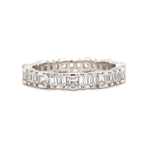 Baguette Diamond Band, Sterling Silver Princess and Baguette Full Eternity Wedding Band, Stacking Baguette Band, Minimalist Ring