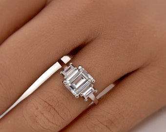 Emerald Cut Simulated Diamond Ring, Three Stone Sterling Silver Vermeil