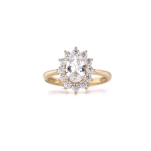 Oval Halo Engagement Ring, 14k Solid Gold, Simulated Diamonds, Dainty Oval Engagement Ring