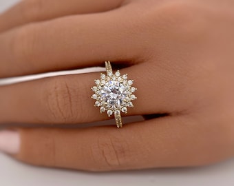Bague de fiançailles fleur moissanite 14 carats, bague florale tendance art déco