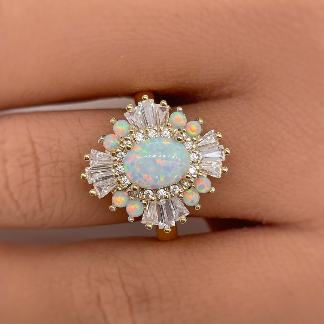 Opal Art Deco Engagement Ring, Vintage Opal Wedding Ring, Art Deco Opal