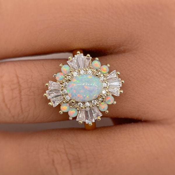 Opal Art Deco Engagement Ring, Vintage Opal Wedding Ring, Art Deco Opal Baguette Ring Engagement Ring