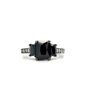 2.00ct Black Diamond Engagement Ring, Radiant Cut Black Diamond Ring, Black 3 Stone Ring, Black Rhodium Ring, Past Present Future Ring