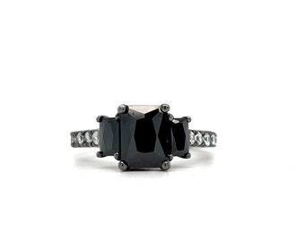 2.00ct Black Diamond Engagement Ring, Radiant Cut Black Diamond Ring, Black 3 Stone Ring, Black Rhodium Ring, Past Present Future Ring