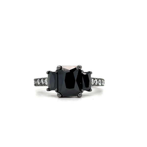 Anillo de compromiso de diamante negro de 2,00 ct, anillo de diamante negro talla radiante, anillo de 3 piedras negras, anillo de rodio negro, anillo del pasado, presente y futuro