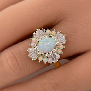 Opal Art Deco Engagement Ring, 14k Vintage Opal Wedding Ring, Art Deco Opal Baguette Ring Engagement Ring