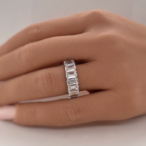 Large Emerald Diamond Eternity Band, Sterling Silver Emerald Cut, Eternity Band, Stacking Emerald Band, Simulated Diamond, Statement Ring