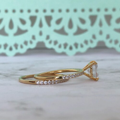 1.00ct Asscher Cut Diamond Ring, Gold Vermeil Engagement Ring Set, Matching Eternity Band, Bridal shops Ring Set, Proposal Ring