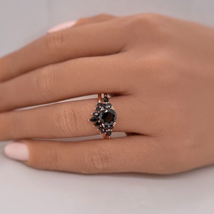 Art Deco Black Wedding Ring Set,  Black Diamond Simulate, Vintage Set