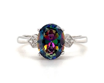 1.00ct Oval Mystic Topaz Engagement Ring / Oval Rainbow Topaz / Sterling Silver / Proposal Ring Wedding Ring