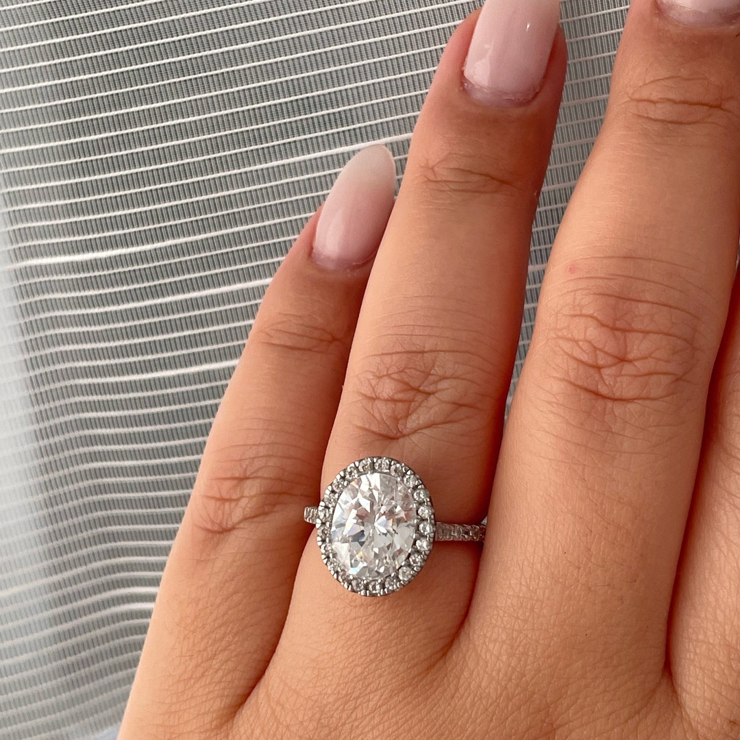 3.10 Ct Oval Cut White Sapphire Rings, Beautiful Halo Design Engagement Ring, Bridal Ring Set For Women, White Gold Finish Sterling Silver