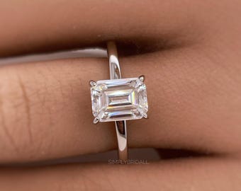 2.00ct Emerald Cut Moissanite Engagement Ring, Sterling Silver Vermeil