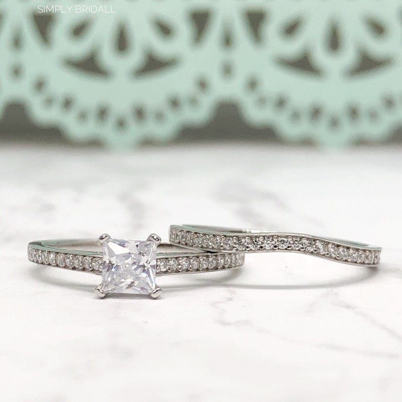 Minimalist Princess Cut Wedding Ring Square Diamond Ring 0.50ct Princess Diamond Engagement Ring Set Half Eternity Fitted Band