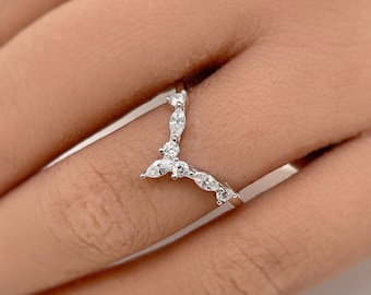 Chevron Marquise Band, Curved Band, V Ring, Marquise and Round Simulated Diamonds, Sterling Silver , Gold / Rose Gold Vermeil