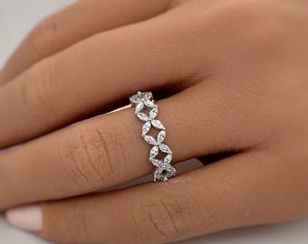 Jonc fleur marquise Art déco en argent sterling, bague d'éternité avec diamants simulés