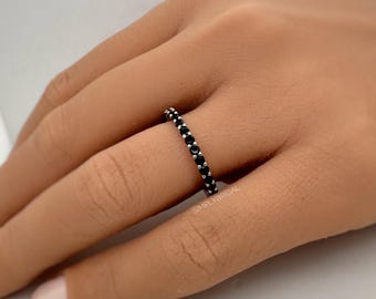 Alliance éternité diamants noirs, bague empilable en argent sterling vermeil