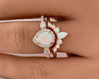 Opal Engagement Ring Set, Art Deco Fitted Opal Ring Set, Opal Bridal Set, Wedding Ring Opal Band, Pear Opal Ring