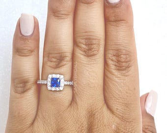 1.00ct Sapphire Halo Engagement Ring, Square Blue Sapphire Ring, Sterling Silver Gold Vermeil.