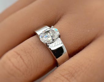 Bague de fiançailles diamant ovale Lab, anneau en or 14 carats, anneau épais