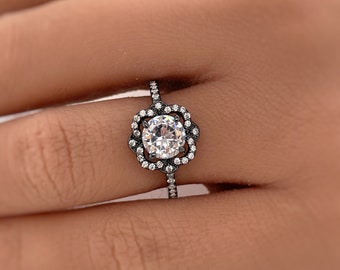 Art Deco Diamond Black Engagement Ring, Vintage Dainty Black Ring, White Diamond and Black Rhodium Statement Ring